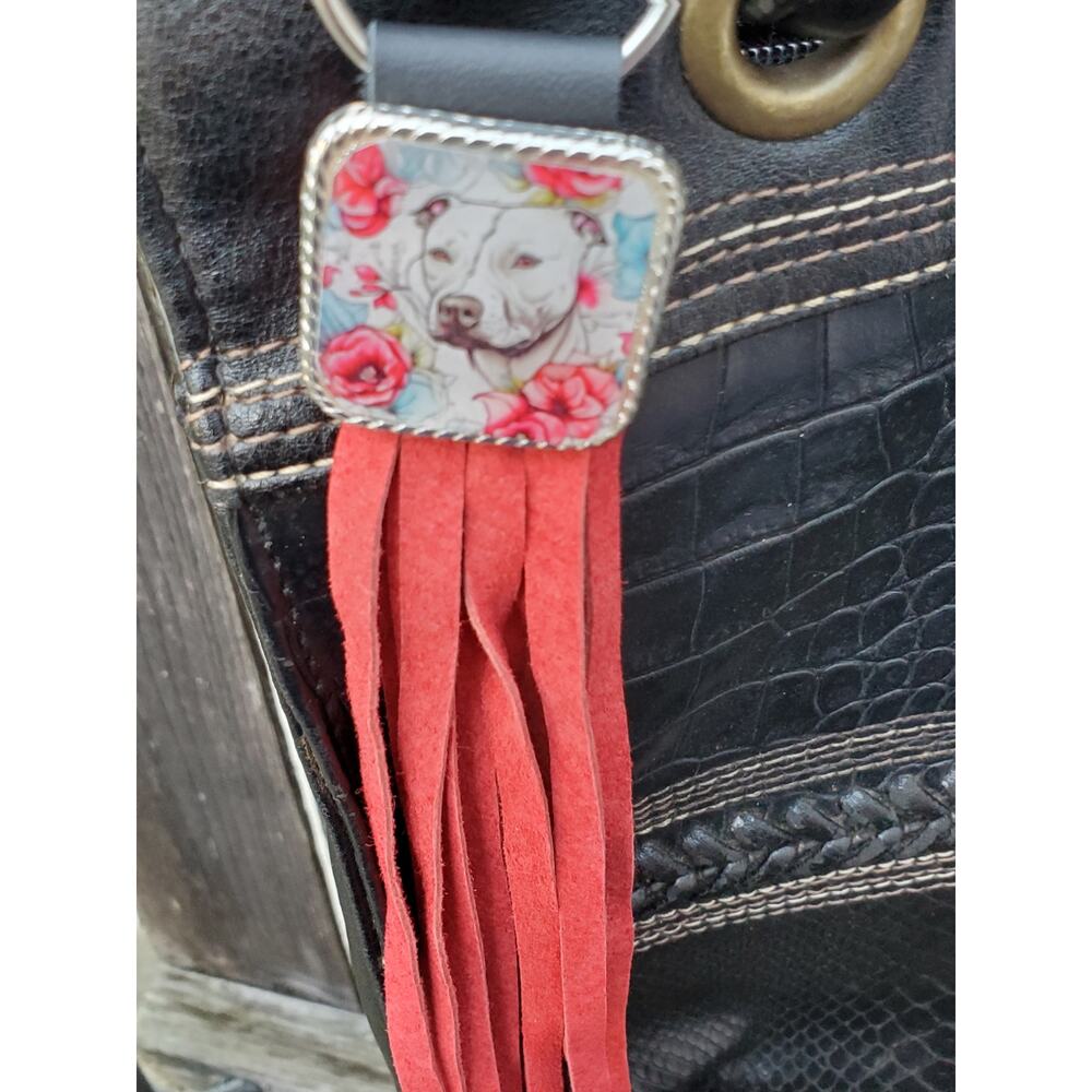 Handmade boho Pitbull lover Leather Fringe Western bag charm fringe keychain